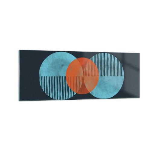 Obraz na szkle - Geometryczne koła w odcieniach niebieskiego i pomarańczowego - 140x50cm - Kompozycja symetryczna - Nowoczesna dekoracja ścienna do salonu i sypialni ARTTOR