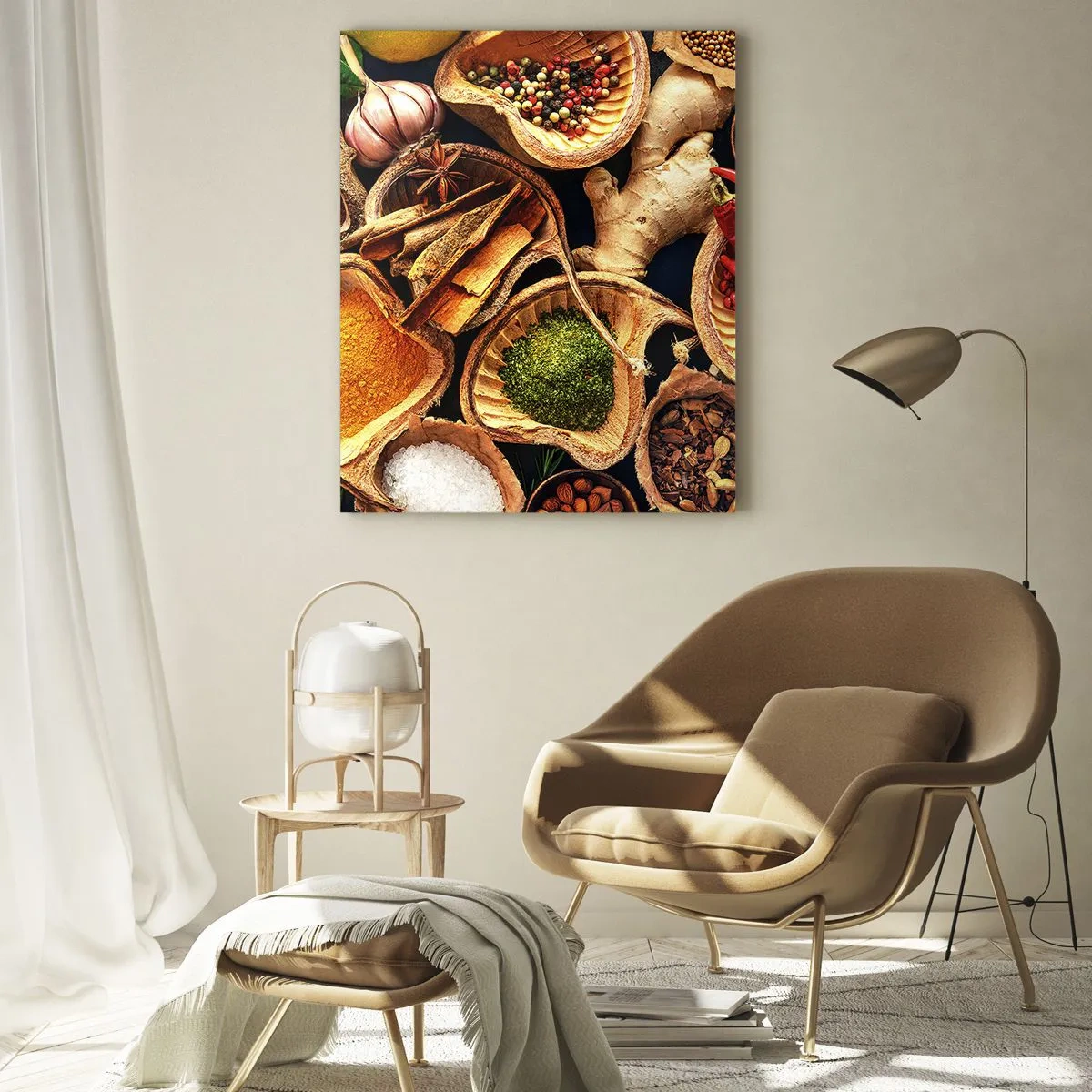 Obraz na szkle - Kolorowe przyprawy w naturalnych pojemnikach z dodatkami - 50x70cm - Bierz, co chcesz - Nowoczesna dekoracja ścienna do salonu, kuchni i sypialni ARTTOR