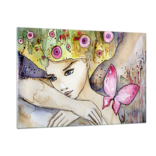 Obraz na szkle - Portret kobiety z barwną fryzurą i motylem w akwareli - 120x80cm - Motyla księżniczka - Nowoczesna dekoracja ścienna do salonu, kuchni i sypialni ARTTOR