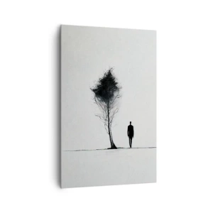 Obraz na płótnie - Minimalistyczna sylwetka człowieka obok drzewa na białym tle - 80x120cm - Wszyscy wędrujemy - Nowoczesna dekoracja ścienna do salonu i sypialni ARTTOR