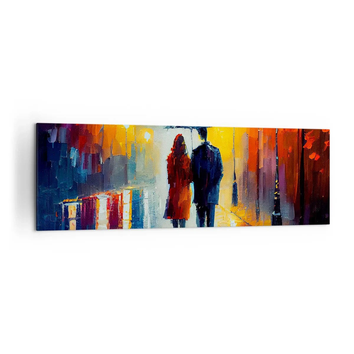Obraz na płótnie - Para pod parasolem spacerująca po kolorowym nocnym mieście - 160x50cm - Razem – kolorowa noc - Nowoczesna dekoracja ścienna do salonu i sypialni ARTTOR