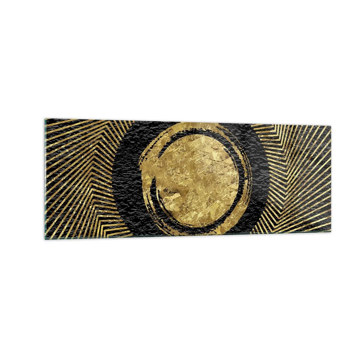 Obraz na szkle - Geometryczna kompozycja w czerni i złocie z promieniami - 140x50cm - Kompozycja glamour - Nowoczesna dekoracja ścienna do salonu i sypialni ARTTOR