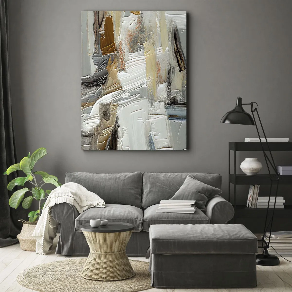 Obraz na płótnie - Abstrakcyjna fakturowa kompozycja w odcieniach beżu, bieli i złota - 50x70cm - Barwne nawarstwienia - Nowoczesna dekoracja ścienna do salonu, kuchni i sypialni ARTTOR