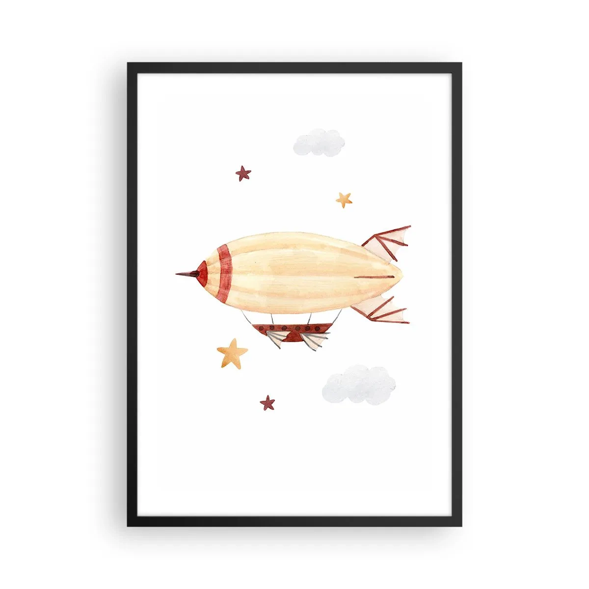 Plakat w czarnej ramie - Akwarelowy sterowiec unoszący się wśród gwiazd i chmur - 50x70cm - Powietrzny statek - Nowoczesna dekoracja ścienna do salonu i sypialni ARTTOR