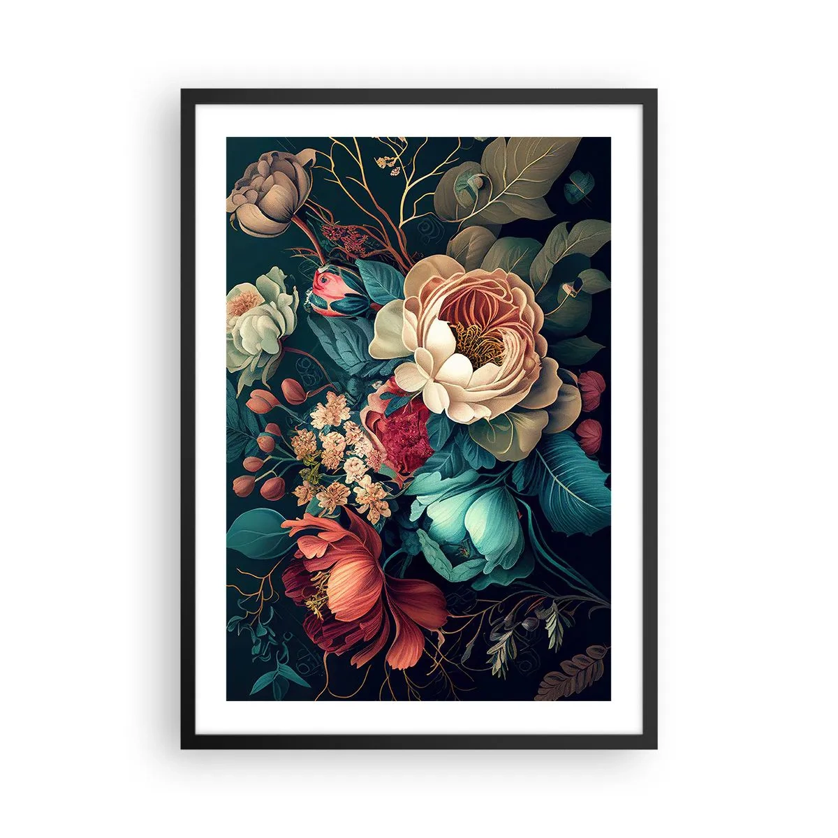 Plakat w czarnej ramie - Bukiet kwiatów w stylu barokowym na ciemnym tle - 50x70cm - XIX-wieczny czar - Nowoczesna dekoracja ścienna do salonu i sypialni ARTTOR