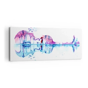 Obraz na płótnie - Sylwetka miasta w kształcie skrzypiec w akwarelowych kolorach - 120x50cm - Kantyczki deszczu wam przyniosę - Nowoczesna dekoracja ścienna do salonu i sypialni ARTTOR