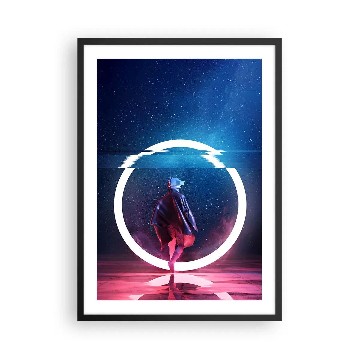 Plakat w czarnej ramie - Postać w futurystycznym stroju i goglach VR na tle świetlistego kręgu - 50x70cm - Między światami - Nowoczesna dekoracja ścienna do salonu i sypialni ARTTOR