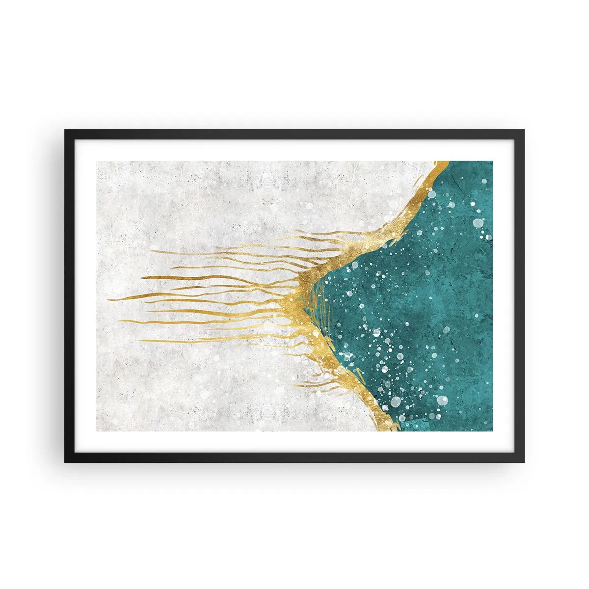 Plakat w czarnej ramie - Abstrakcyjna kompozycja w odcieniach złota i turkusu - 70x50cm - Złoty przypływ - Nowoczesna dekoracja ścienna do salonu i sypialni ARTTOR