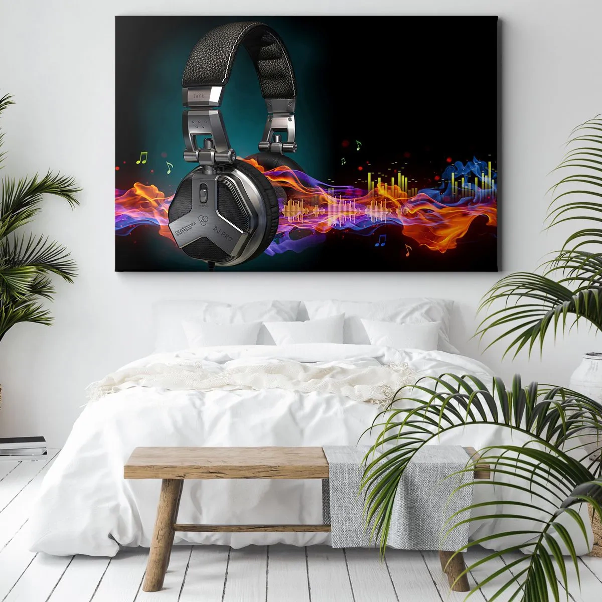 Obraz na płótnie - Czarne słuchawki z efektem kolorowej muzycznej wizualizacji - 100x70cm - W ogniu muzyki - Nowoczesna dekoracja ścienna do salonu, kuchni i sypialni ARTTOR