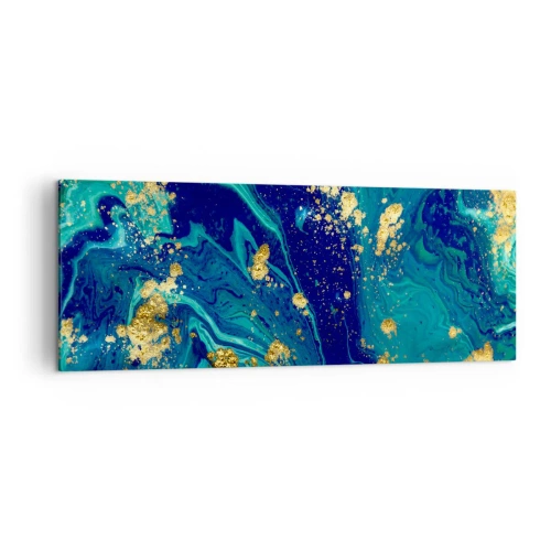 Obraz na płótnie - Abstrakcyjna kompozycja z błękitem, zielenią i złotymi akcentami - 140x50cm - Płatki słońca - Nowoczesna dekoracja ścienna do salonu i sypialni ARTTOR