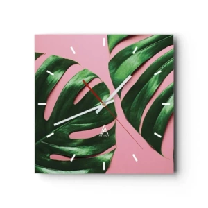 Zegar ścienny - Zielone liście monstery na różowym tle - 30x30cm - Zielone rendez-vous - Nowoczesna dekoracja ścienna do salonu i sypialni ARTTOR
