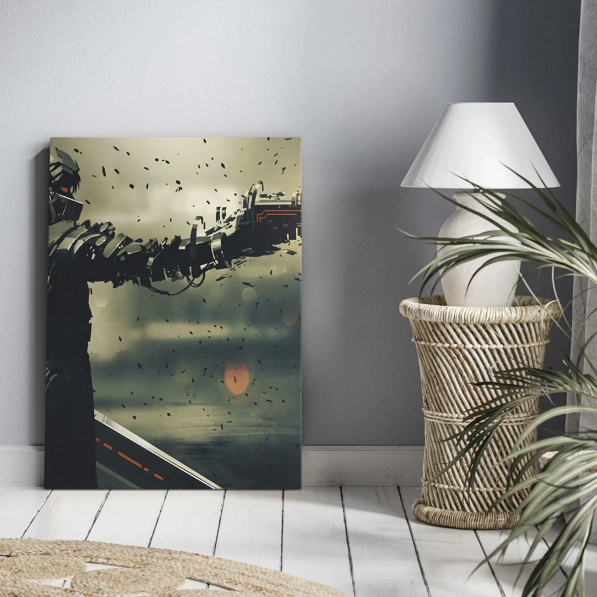 Obraz na płótnie - Dynamiczna postać z futurystycznym ramieniem w abstrakcyjnym stylu - 50x70cm - Zabójcza broń - twój własny Terminator - Nowoczesna dekoracja ścienna do salonu, kuchni i sypialni ARTTOR