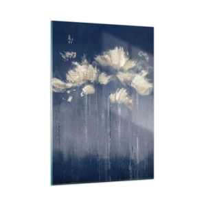 Obraz na szkle - Złota abstrakcyjna kompozycja kwiatowa na granatowym tle - 50x70cm - Jak płatki na wietrze - Nowoczesna dekoracja ścienna do salonu, kuchni i sypialni ARTTOR