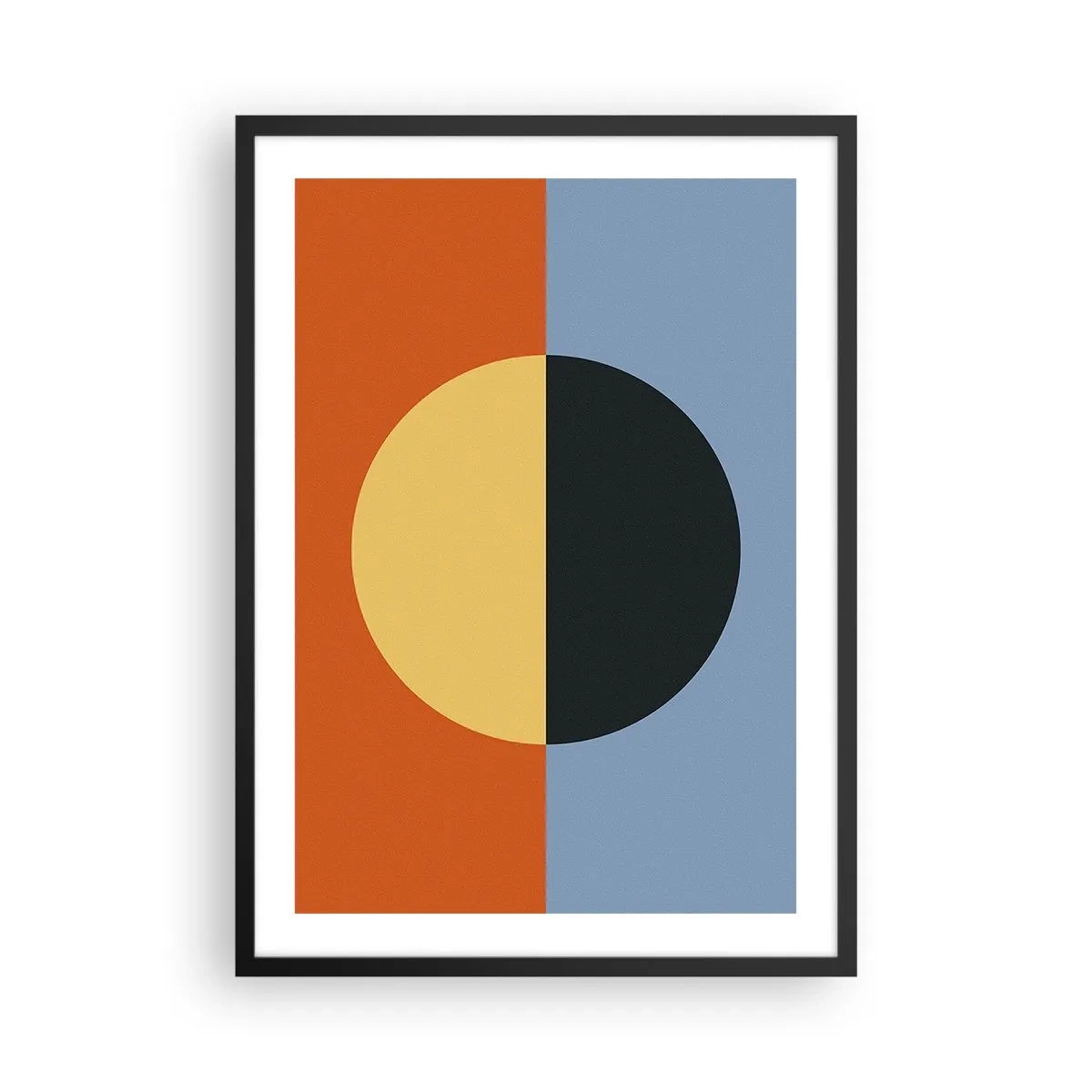 Plakat w czarnej ramie - Geometryczna kompozycja z kołem i kontrastowymi kolorami - 50x70cm - Kompozycja ciepła i chłodu - Nowoczesna dekoracja ścienna do salonu i sypialni ARTTOR