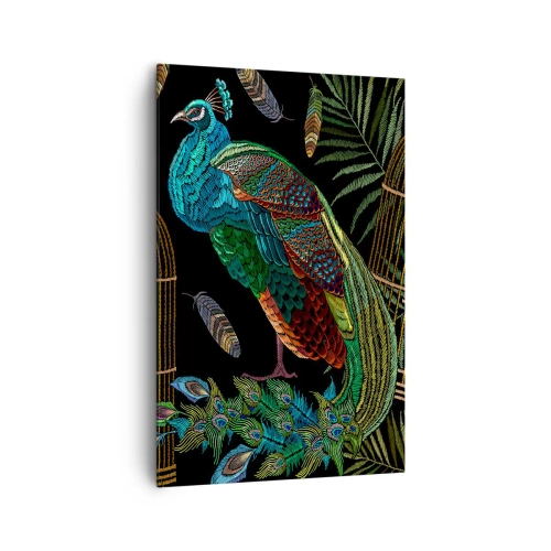 Obraz na płótnie - Pawie przy złotej klatce na czarnym tle - 80x120cm - W królewskich szatach - Nowoczesna dekoracja ścienna do salonu i sypialni ARTTOR