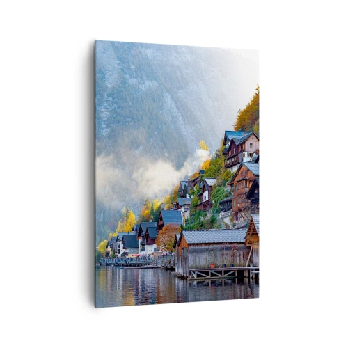Obraz na płótnie - Górska wioska nad jeziorem w jesiennej scenerii - 70x100cm - Alpejskie klimaty - Nowoczesna dekoracja ścienna do salonu i sypialni ARTTOR