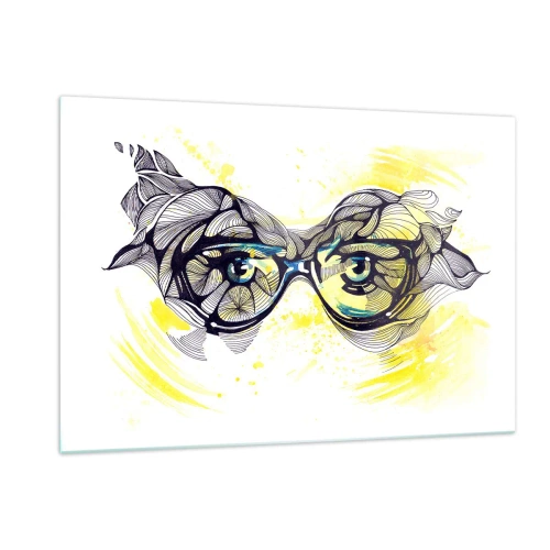 Obraz na szkle - Okulary z artystycznymi wzorami i oczami na tle w żółtych tonacjach - 120x80cm - Przez błękitne okulary - Nowoczesna dekoracja ścienna do salonu, kuchni i sypialni ARTTOR