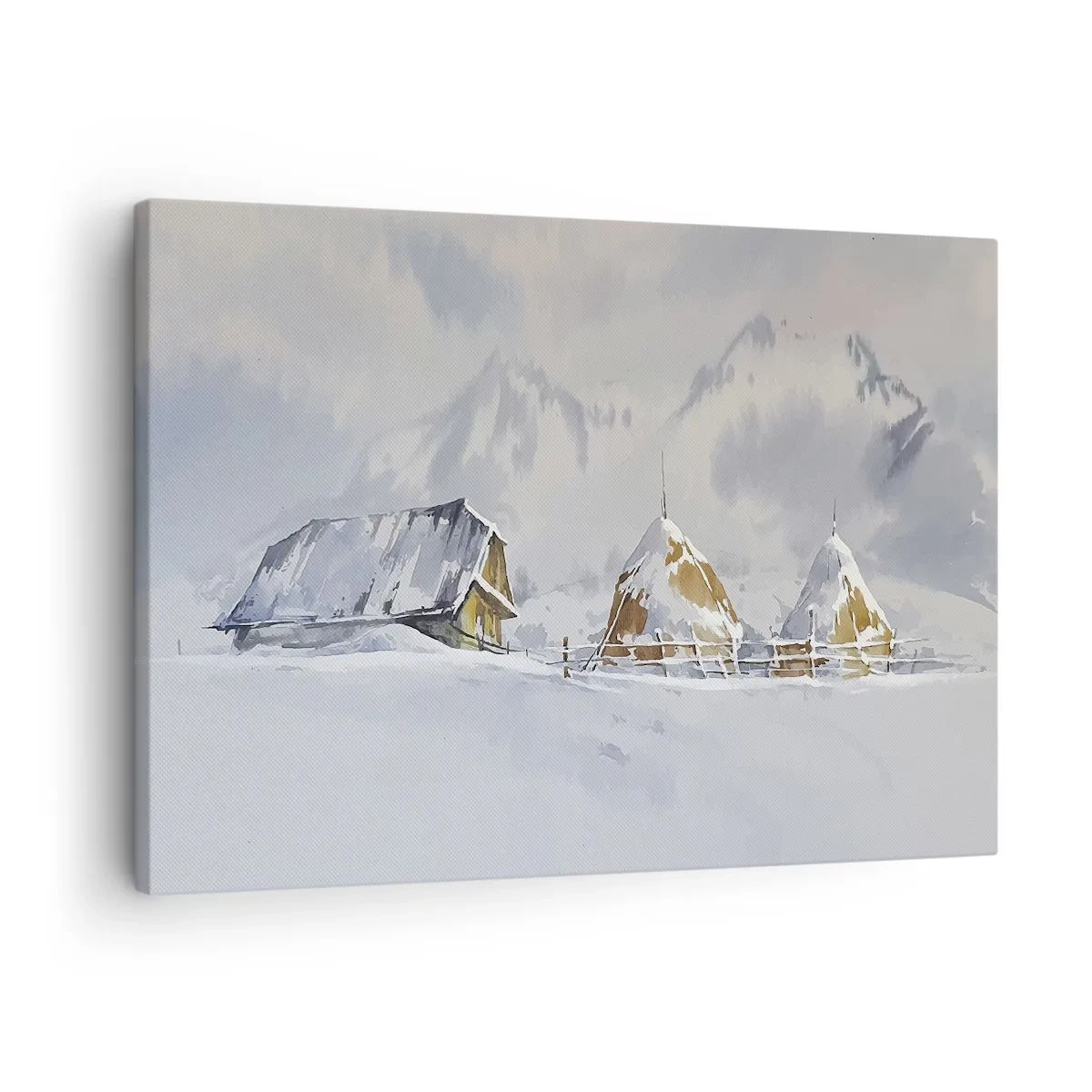 Obraz na płótnie - Zimowy krajobraz z chatą i stogami siana w górach - 70x50cm - W śnieżnej kotlinie - Nowoczesna dekoracja ścienna do salonu i sypialni ARTTOR