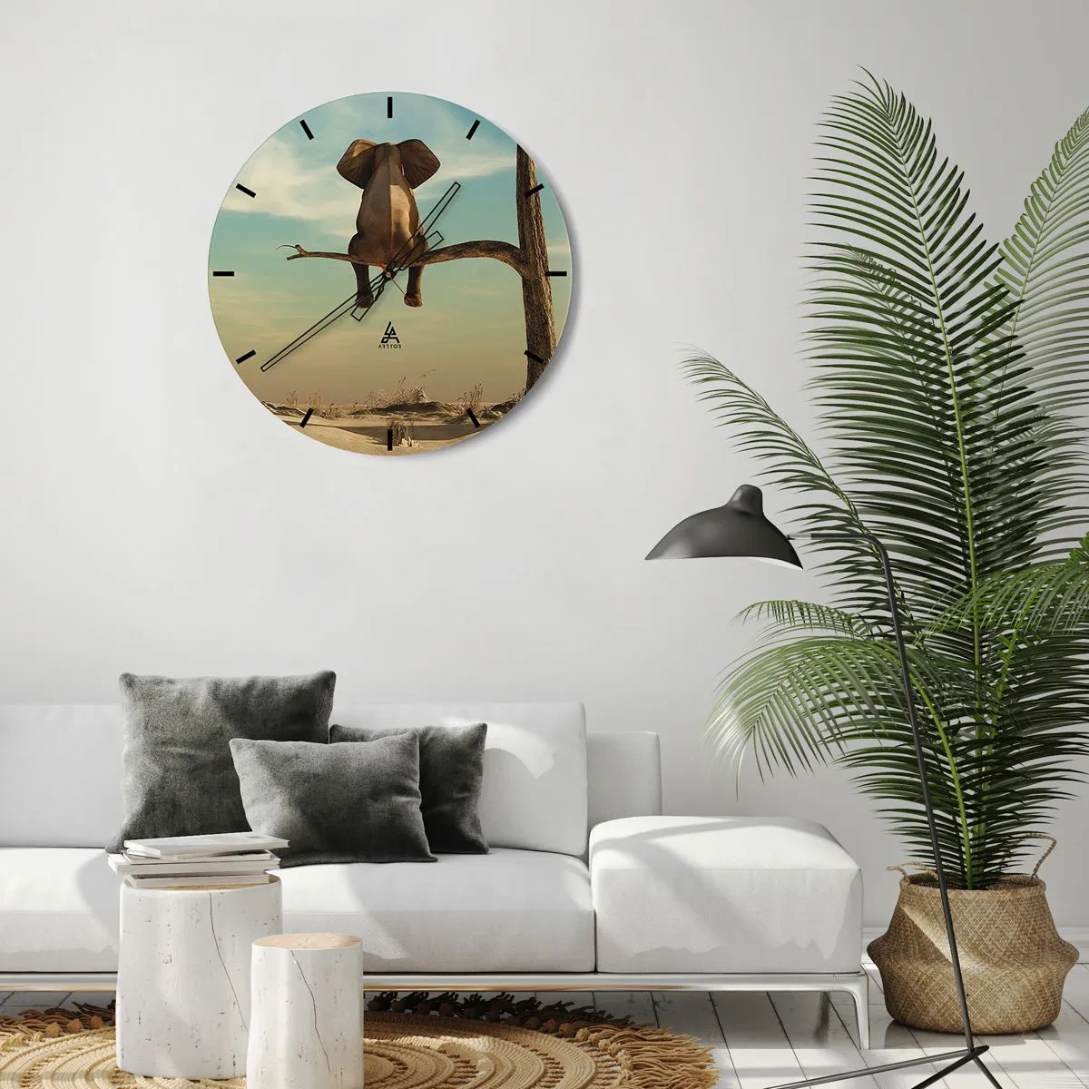 Zegar ścienny - Siedzący słoń na gałęzi samotnego drzewa na tle nieba - 30x30cm - Nowy punkt widzenia - Nowoczesna dekoracja ścienna do salonu, kuchni i sypialni ARTTOR