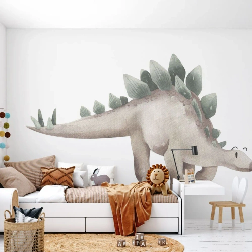 Fototapeta Premium Sand - Uroczy dinozaur w odcieniach beżu i zieleni - 100x70cm - Wasz przyjaciel - Nowoczesna dekoracja ścienna do salonu, kuchni i sypialni ARTTOR