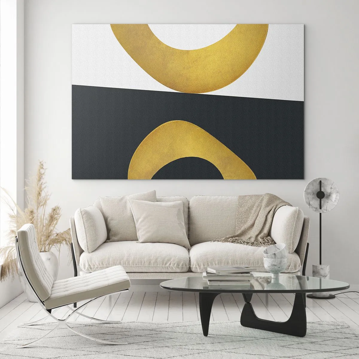 Obraz na szkle - Złote geometryczne kształty na białym i czarnym tle - 70x50cm - Po pierwsze: złoto - Nowoczesna dekoracja ścienna do salonu i sypialni ARTTOR