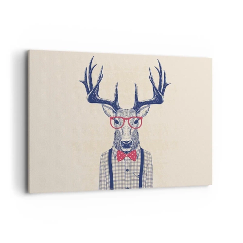 Obraz na płótnie - Stylizowana grafika jelenia w okularach i muszce - 120x80cm - Zabawna ekstrawagancja - Nowoczesna dekoracja ścienna do salonu, kuchni i sypialni ARTTOR