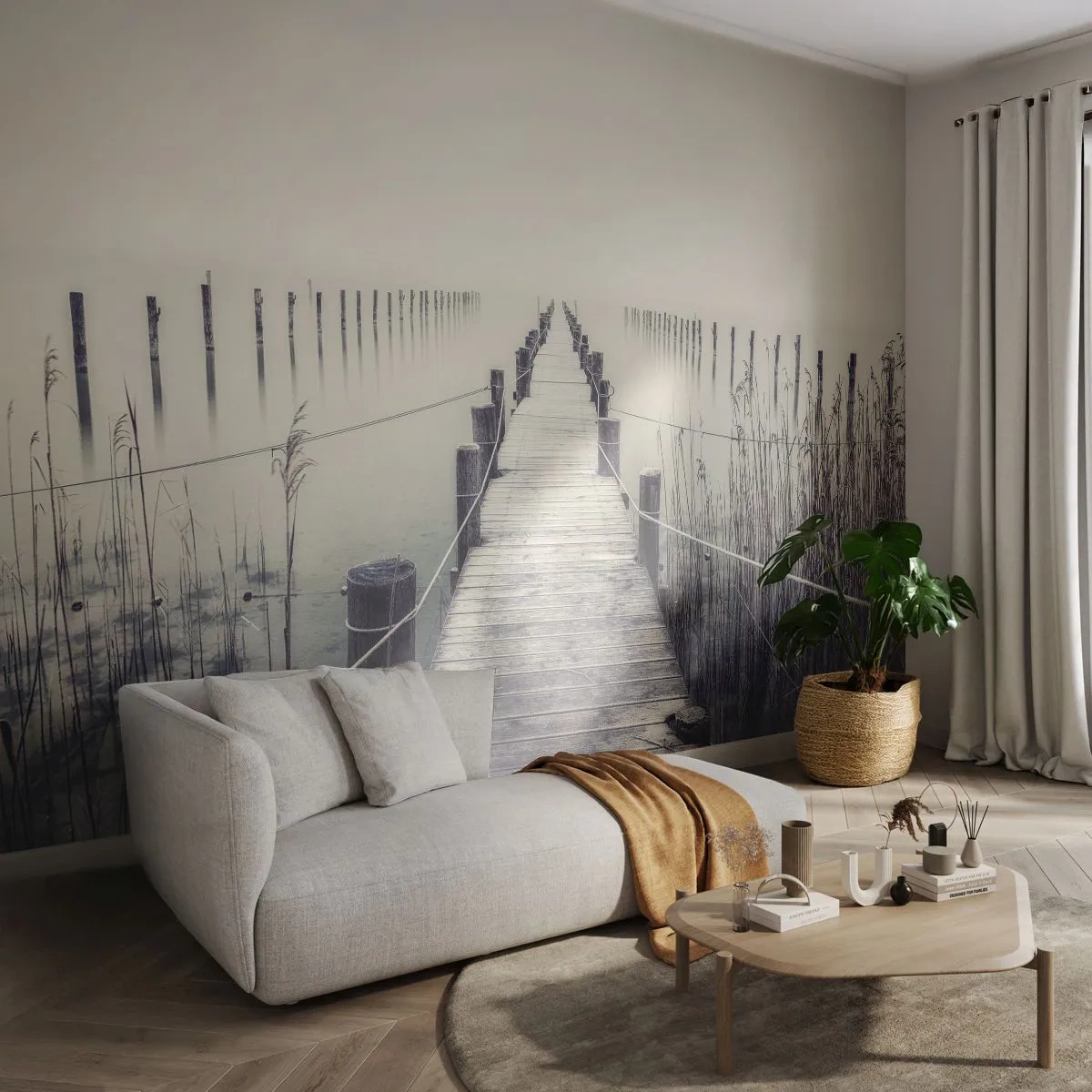 Fototapeta Premium Sand - Drewniany pomost we mgle nad spokojnym jeziorem - 100x70cm - Zanurz się w spokoju - Nowoczesna dekoracja ścienna do salonu, kuchni i sypialni ARTTOR
