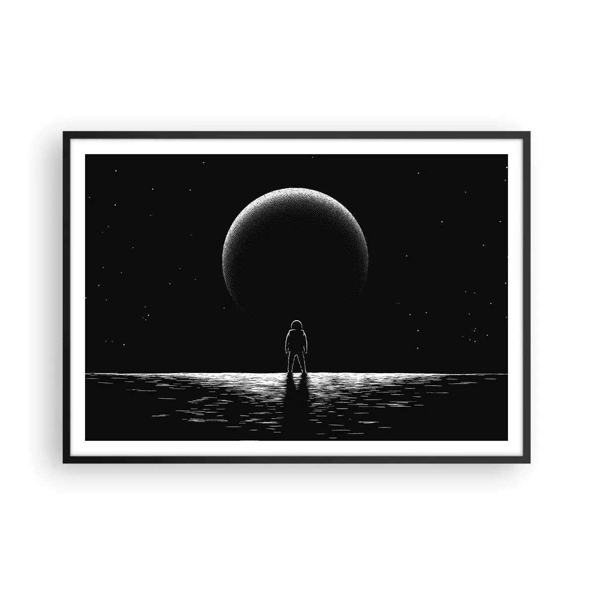 Plakat w czarnej ramie - Astronauta na tle wielkiej planety w przestrzeni kosmicznej - 100x70cm - Twarzą w twarz - Nowoczesna dekoracja ścienna do salonu i sypialni ARTTOR