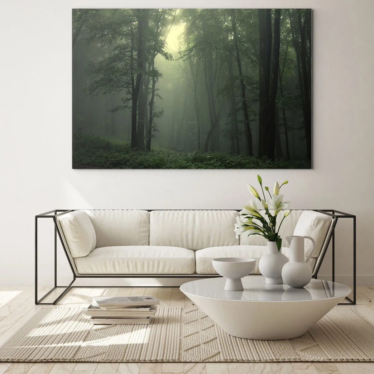 Obraz na szkle - Mroczny las spowity mgłą z promieniami światła - 70x50cm - Zanim się obudzi - Nowoczesna dekoracja ścienna do salonu i sypialni ARTTOR