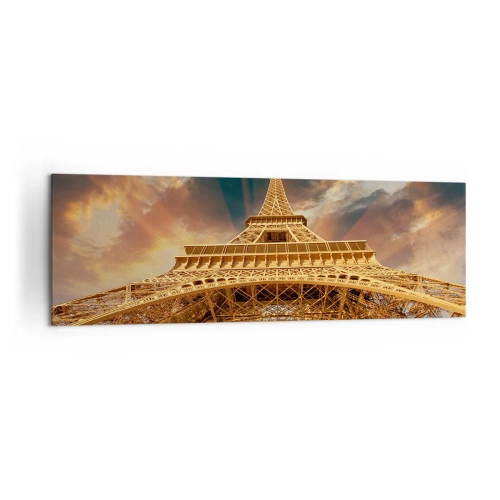 Obraz na płótnie - Wieża Eiffla z perspektywy dolnej na tle zachodzącego słońca - 160x50cm - Jak ludzkość sięgnęła nieba - Nowoczesna dekoracja ścienna do salonu i sypialni ARTTOR