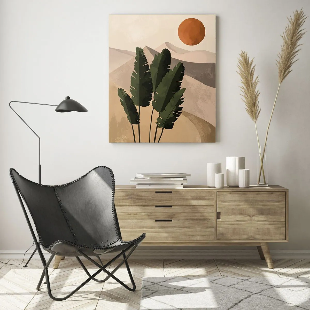 Obraz na szkle - Palmy na tle pustynnych gór i zachodzącego słońca w ciepłych barwach - 80x120cm - Triumf życia - Nowoczesna dekoracja ścienna do salonu i sypialni ARTTOR
