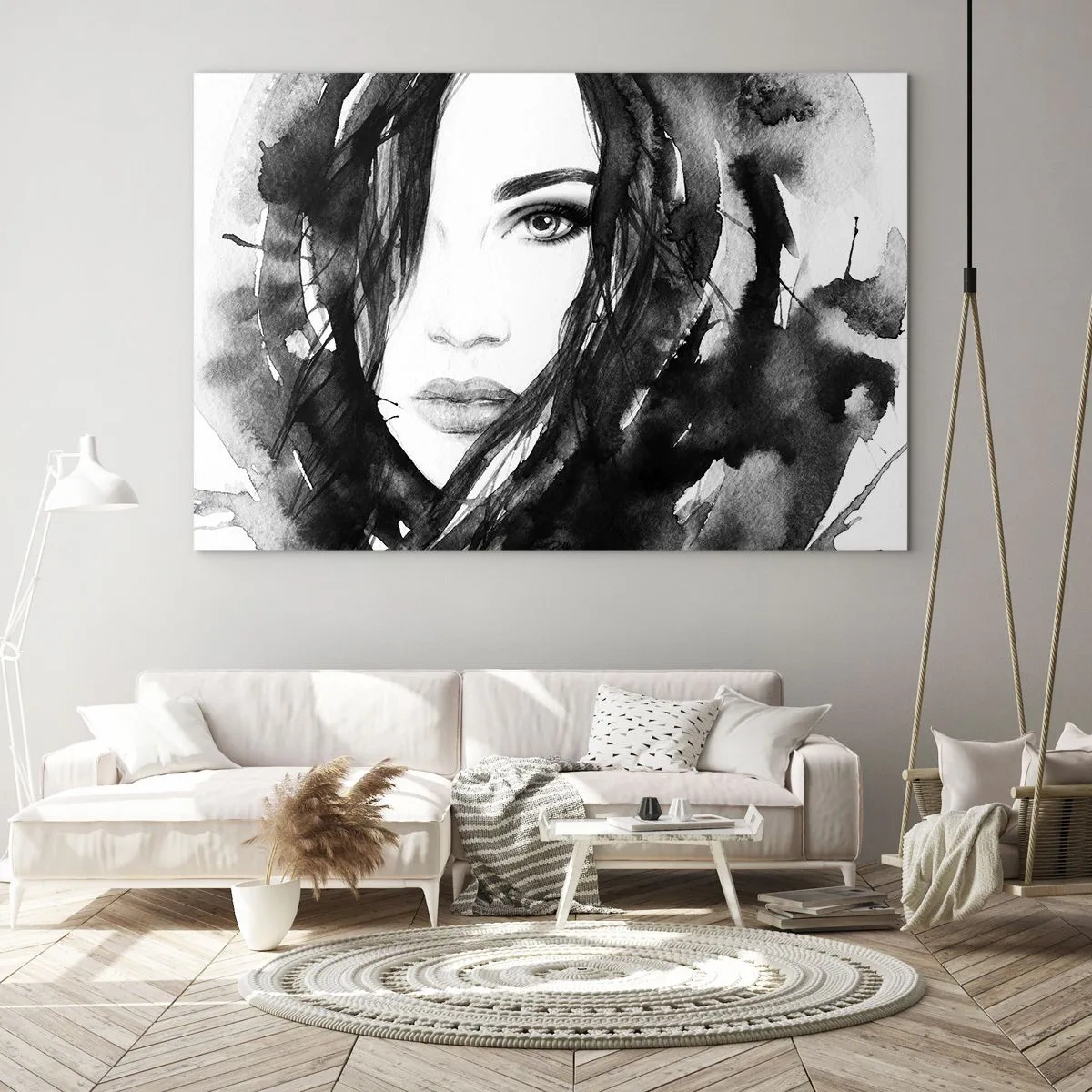 Obraz na szkle - Kobiece czarno-białe portrety w stylu akwareli - 70x50cm - Portret damy w czerni i bieli - Nowoczesna dekoracja ścienna do salonu i sypialni ARTTOR