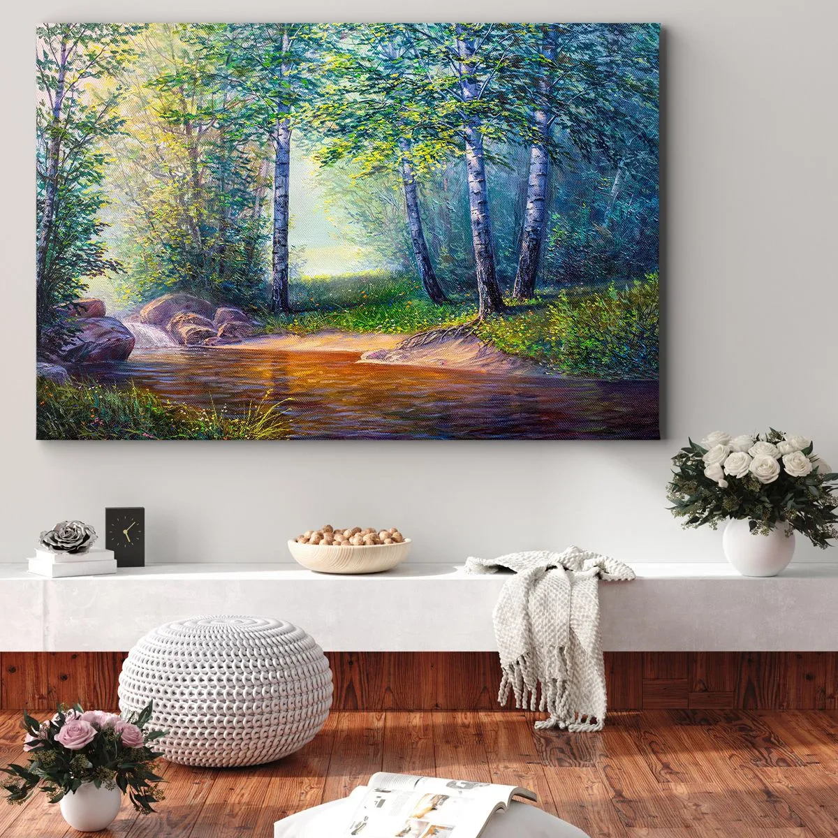 Obraz na płótnie - Leśny strumyk otoczony brzozami i słońcem - 70x50cm - Sielankowa sceneria - Nowoczesna dekoracja ścienna do salonu i sypialni ARTTOR