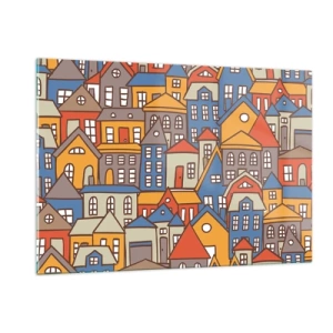 Obraz na szkle - Kolorowe domki w stylu graficznym tworzące wesoły krajobraz - 120x80cm - Za domem dom - Nowoczesna dekoracja ścienna do salonu, kuchni i sypialni ARTTOR
