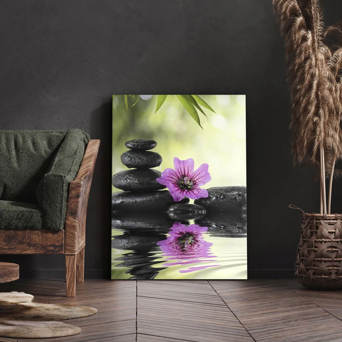 Obraz na płótnie - Kamienie, kwiat i odbicie w wodzie - 50x70cm - Czas dla duszy - Nowoczesna dekoracja ścienna do salonu, kuchni i sypialni ARTTOR