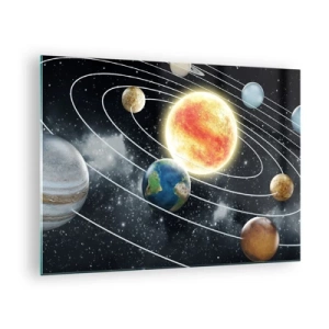 Obraz na szkle - Układ słoneczny z planetami i orbitami na tle kosmosu - 70x50cm - Kosmiczny taniec - Nowoczesna dekoracja ścienna do salonu i sypialni ARTTOR