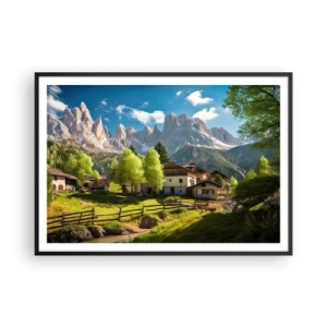Plakat w czarnej ramie - Górska wioska z domami i widokiem na szczyty Alp - 100x70cm - Alpejska sielanka - Nowoczesna dekoracja ścienna do salonu i sypialni ARTTOR