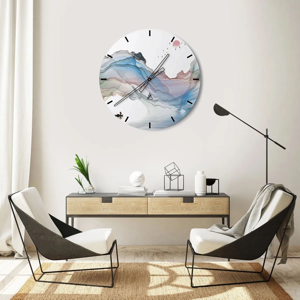 Zegar ścienny - Kolorowe, eteryczne góry z łódką na tafli wody - 30x30cm - Ku kryształowym górom - Nowoczesna dekoracja ścienna do salonu, kuchni i sypialni ARTTOR