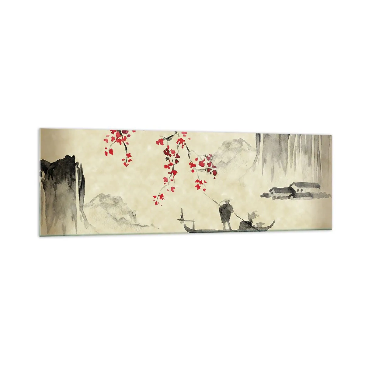 Obraz na szkle - Orientalna ilustracja z łodzią i kwitnącą gałęzią - 160x50cm - W kraju kwitnącej wiśni - Nowoczesna dekoracja ścienna do salonu i sypialni ARTTOR