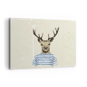Obraz na płótnie - Jeleń w koszulce w paski na jasnym tle z delikatną teksturą - 100x70cm - Bo lubię koszulki w paski! - Nowoczesna dekoracja ścienna do salonu, kuchni i sypialni ARTTOR