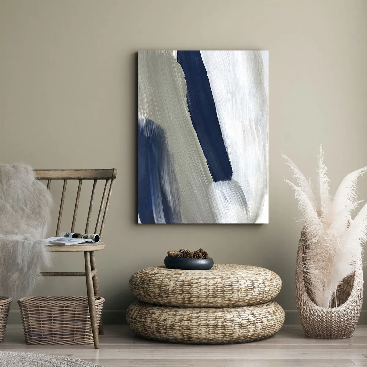 Obraz na płótnie - Abstrakcyjne pociągnięcia pędzla w odcieniach granatu, szarości i bieli - 50x70cm - Spotkanie z bielą - Nowoczesna dekoracja ścienna do salonu, kuchni i sypialni ARTTOR