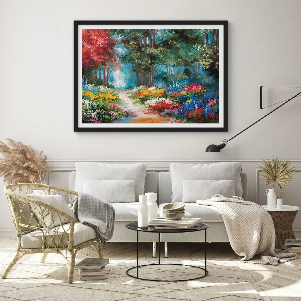 Plakat w czarnej ramie - Malowniczy ogród pełen kolorowych kwiatów i drzew w leśnej scenerii - 70x50cm - Leśny ogród, kwietny las - Nowoczesna dekoracja ścienna do salonu i sypialni ARTTOR
