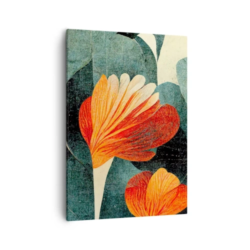 Obraz na płótnie - Stylizowana ilustracja kwiatów w odcieniach pomarańczu i zieleni - 50x70cm - Żar tropików i chłód zieleni - Nowoczesna dekoracja ścienna do salonu, kuchni i sypialni ARTTOR