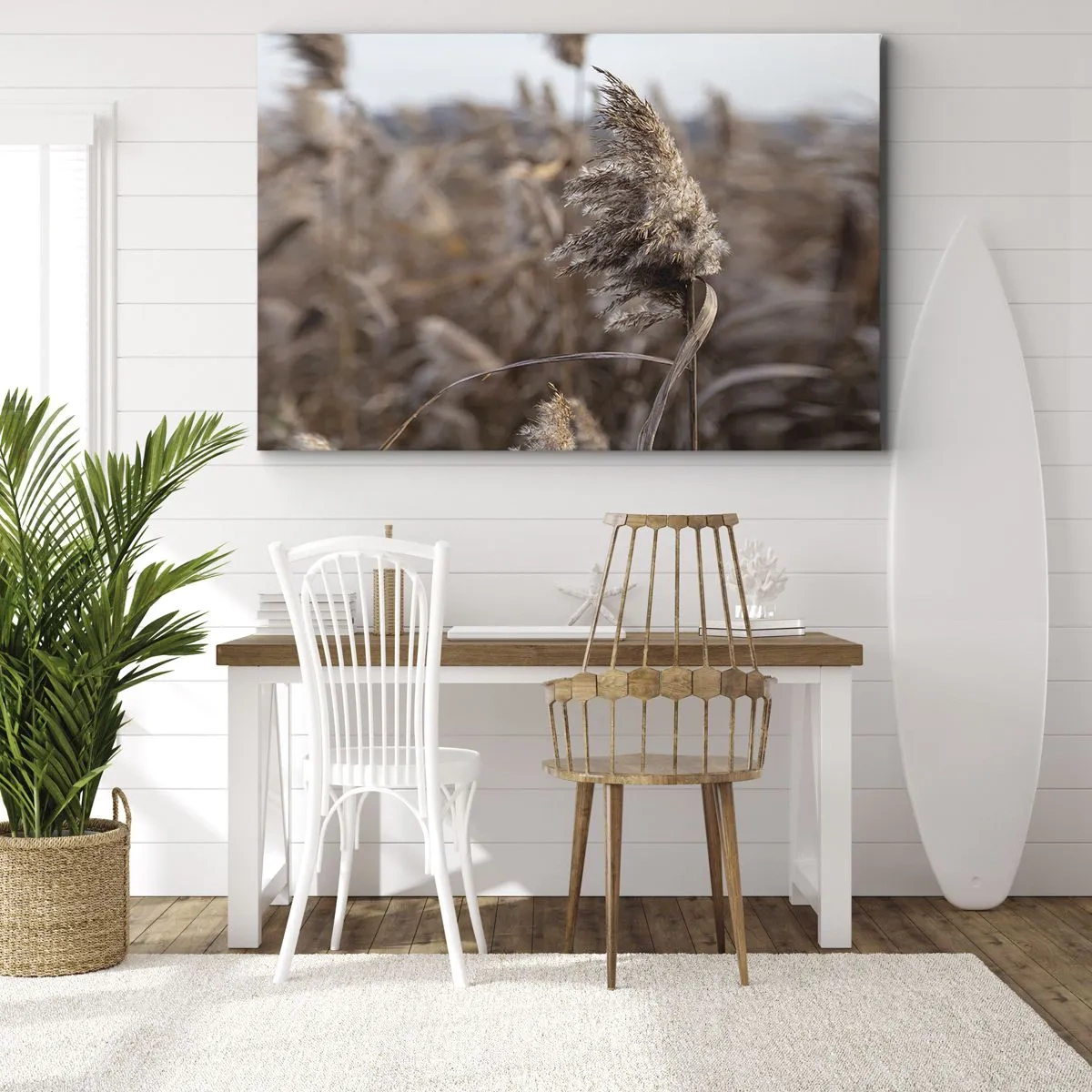 Obraz na płótnie - Delikatne trawy w odcieniach beżu na tle natury - 70x50cm - Czas odlecieć z wiatrem - Nowoczesna dekoracja ścienna do salonu i sypialni ARTTOR