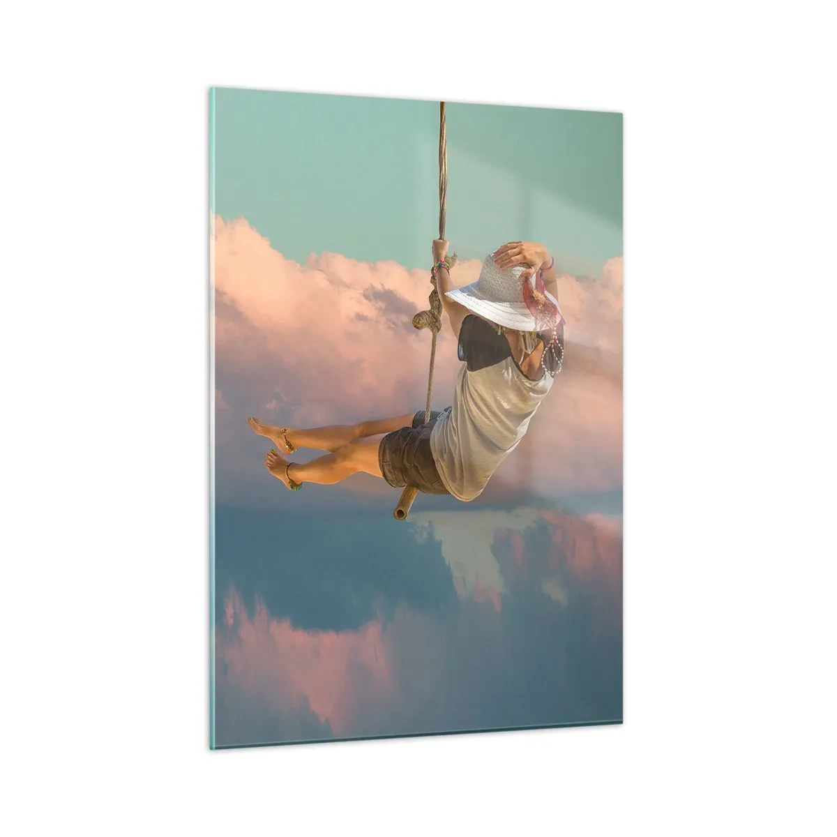 Obraz na szkle - Dziewczyna na huśtawce wśród różowych chmur - 50x70cm - Zabawa w obłokach - Nowoczesna dekoracja ścienna do salonu, kuchni i sypialni ARTTOR