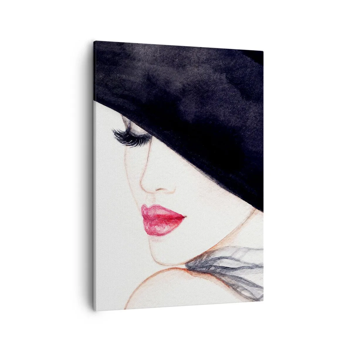 Obraz na płótnie - Elegancka kobieta w czarnym kapeluszu – rysunkowy styl - 50x70cm - Elegancja i zmysłowość - Nowoczesna dekoracja ścienna do salonu, kuchni i sypialni ARTTOR
