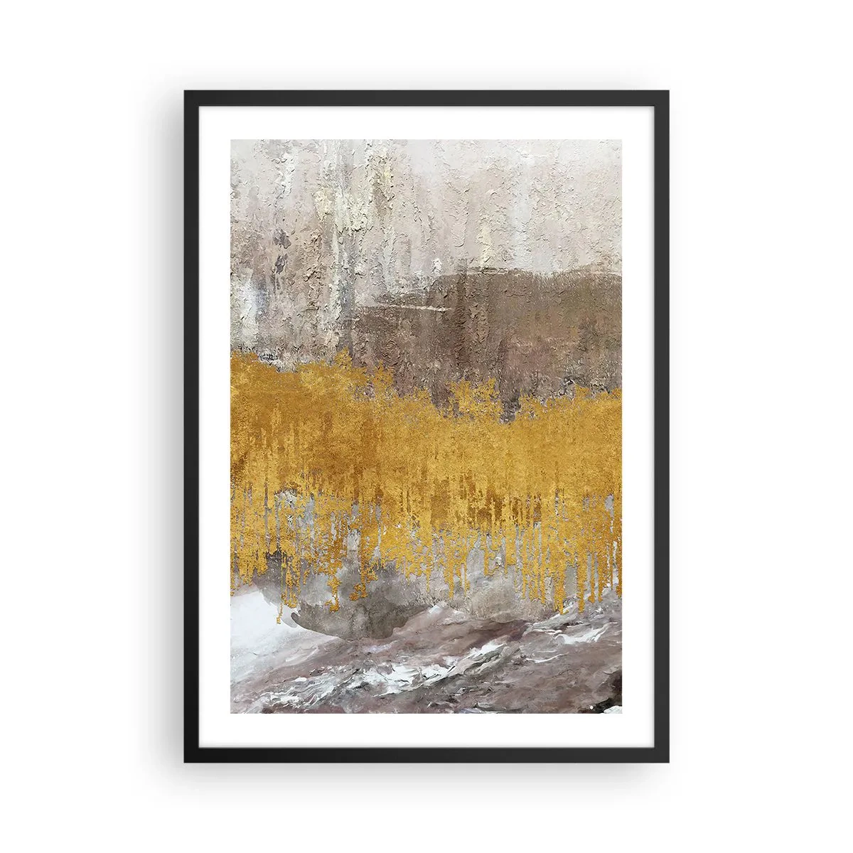 Plakat w czarnej ramie - Abstrakcyjna faktura w złocie i beżu z efektem głębi - 50x70cm - Złocisty podmuch - Nowoczesna dekoracja ścienna do salonu i sypialni ARTTOR