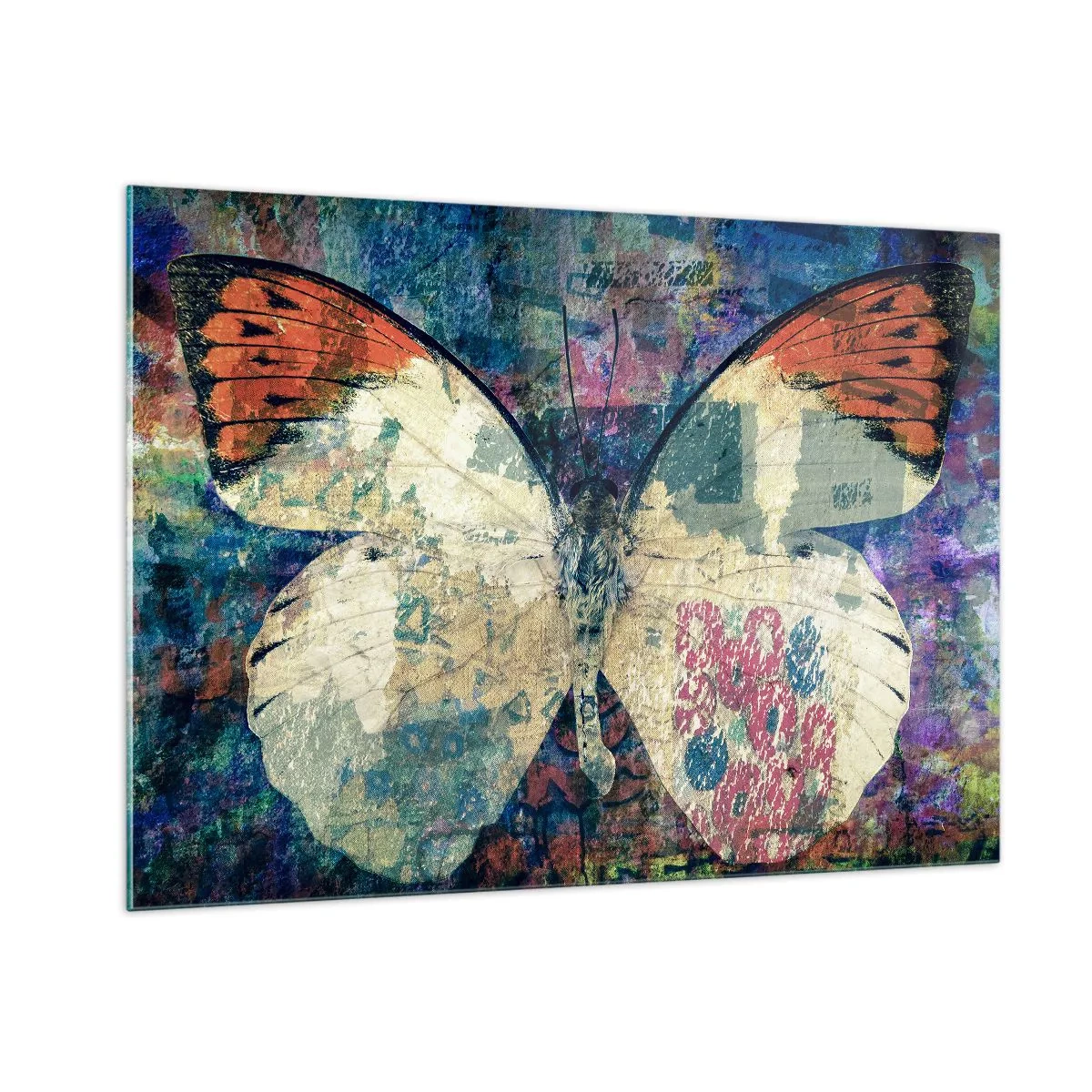 Obraz na szkle - Kolorowy motyl na abstrakcyjnym tle w odcieniach niebieskiego i pomarańczowego - 100x70cm - Subtelna kruchość - Nowoczesna dekoracja ścienna do salonu, kuchni i sypialni ARTTOR