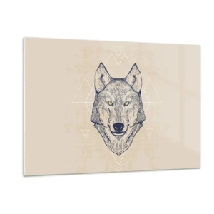 Obraz na szkle - Głowa wilka na tle geometrycznych wzorów - 120x80cm - Alfa o przenikliwym spojrzeniu - Nowoczesna dekoracja ścienna do salonu, kuchni i sypialni ARTTOR