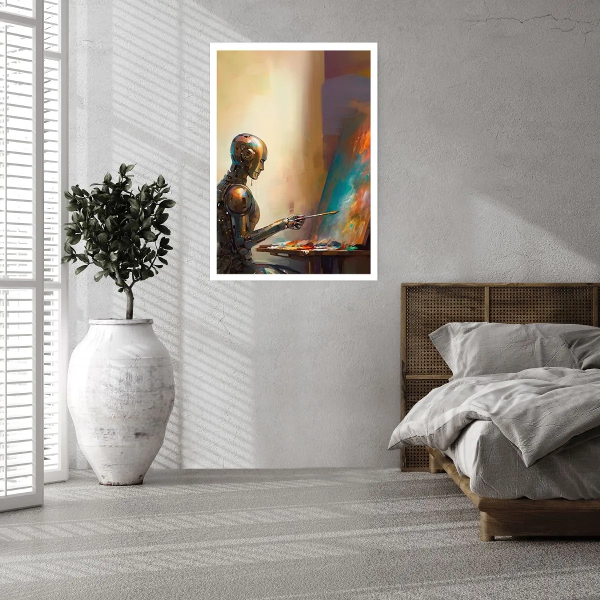 Plakat - Robot malarz przy sztaludze w futurystycznym stylu - 50x70cm - Sztuka przyszłości - Nowoczesna dekoracja ścienna do salonu, kuchni i sypialni ARTTOR